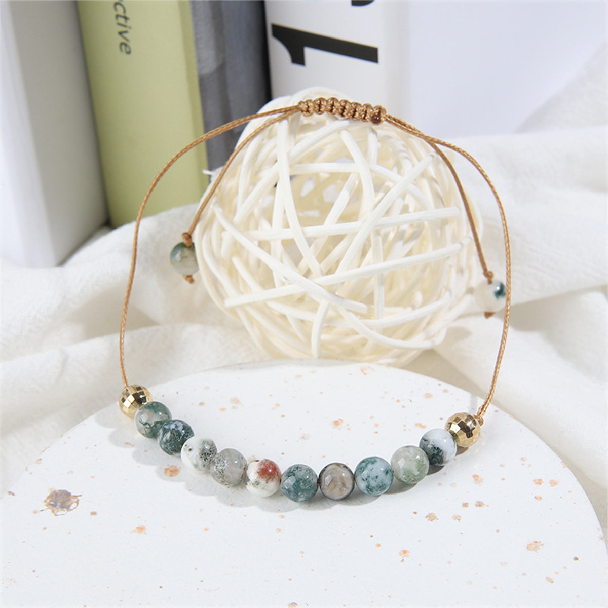 Gray Quartz and Polyster 18K Gold-Plated Adjustable Bracelet, gold bracelet for women, elegant gift for her, front view