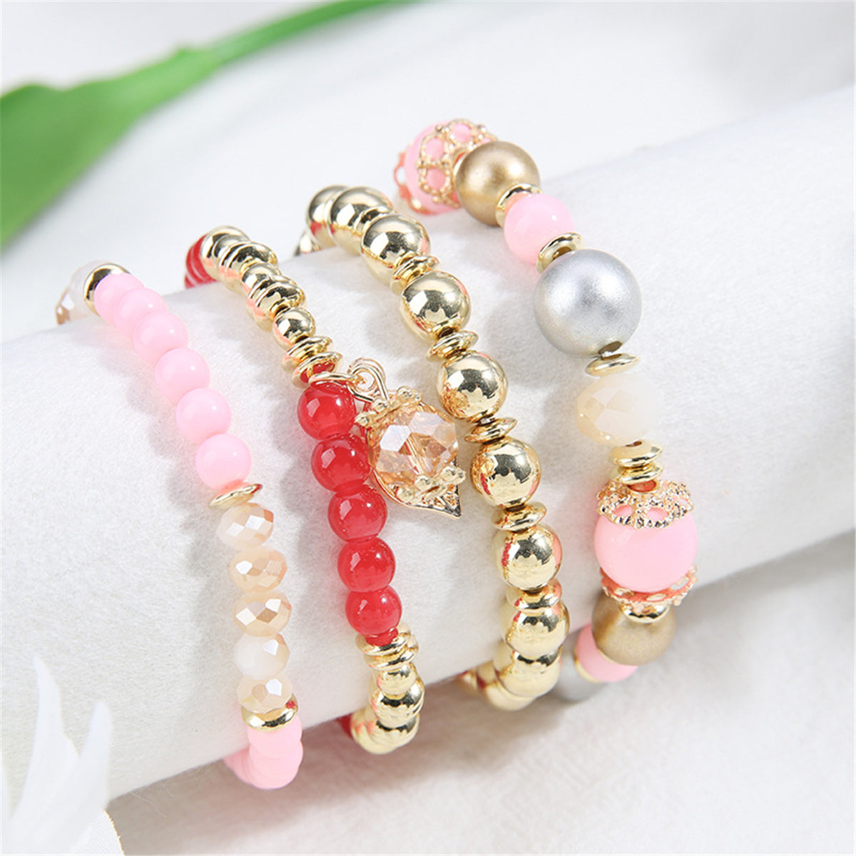 Pink Quartz & 18K Gold-Plated Leaves Stretch Bracelet Set