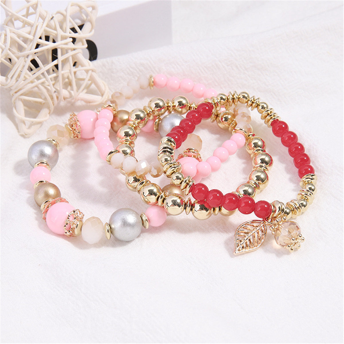 Pink Quartz & 18K Gold-Plated Leaves Stretch Bracelet Set