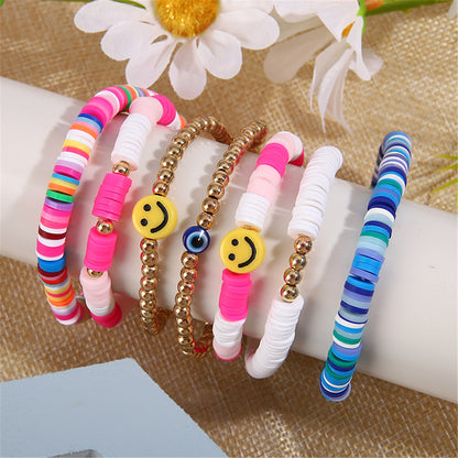 Pink and 18K Gold-Plated Multicolor Smiley Stretch Bracelet Set, jewelry gift sets for women, front view
