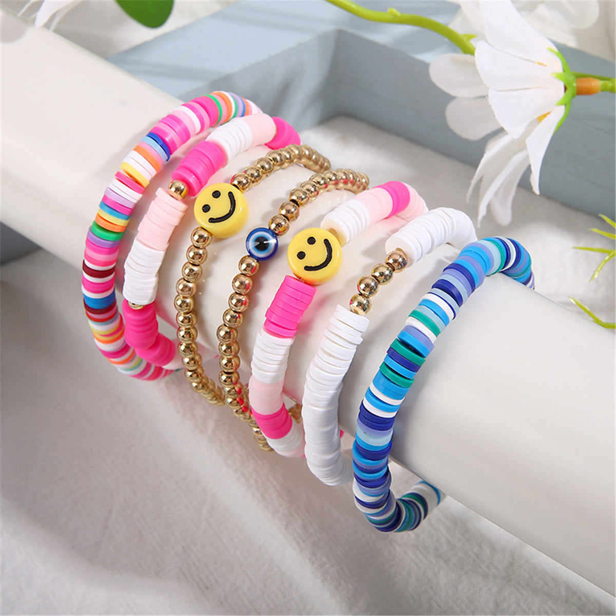 Pink and 18K Gold-Plated Multicolor Smiley Stretch Bracelet Set, jewelry gift sets for women, detail close-up