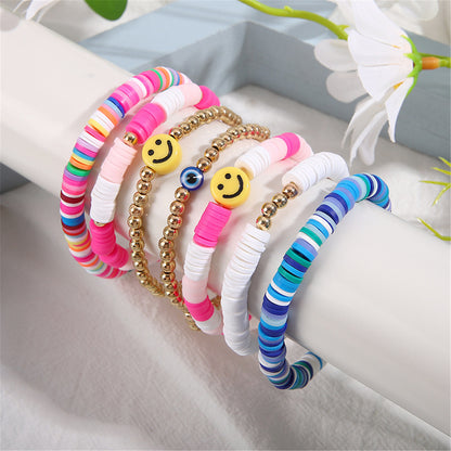 Pink and 18K Gold-Plated Multicolor Smiley Stretch Bracelet Set, jewelry gift sets for women, detail close-up