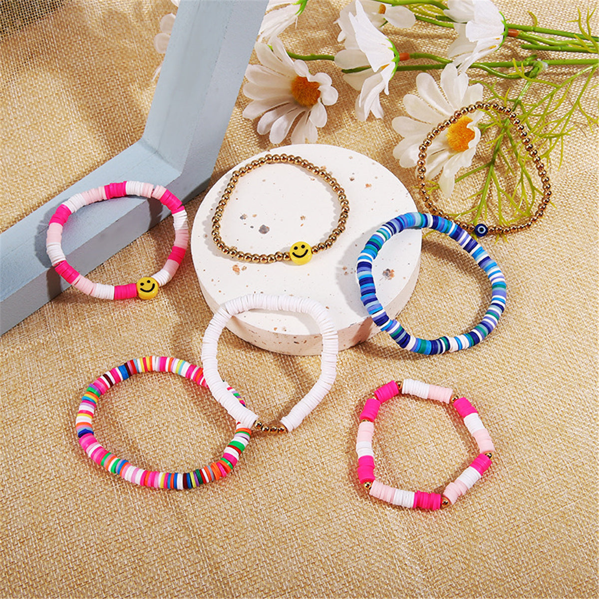 Pink and 18K Gold-Plated Multicolor Smiley Stretch Bracelet Set, jewelry gift sets for women, lifestyle look