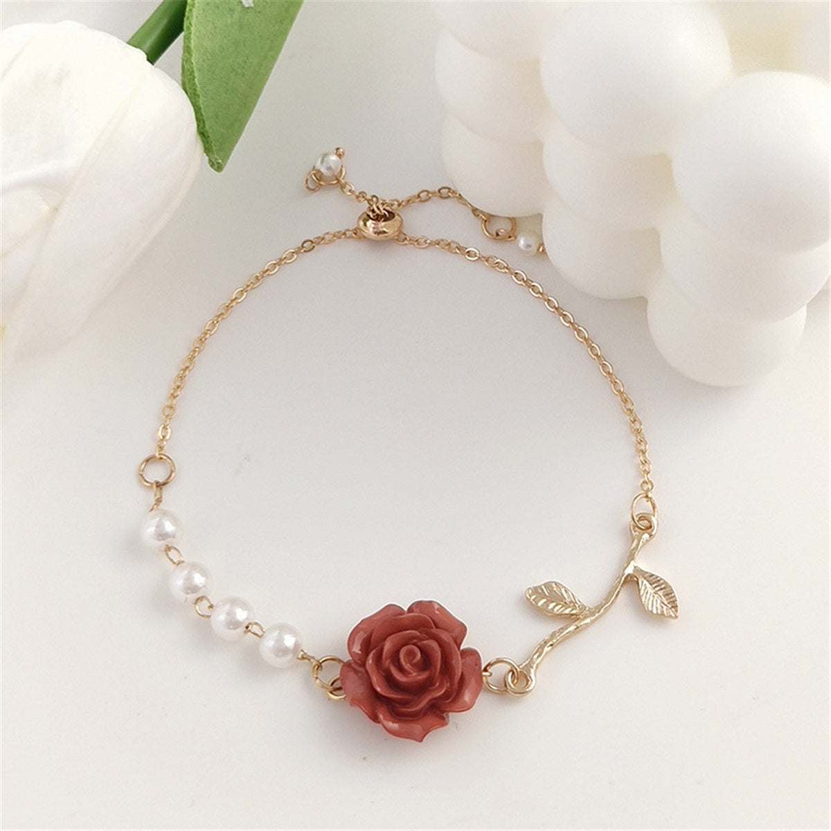 Red Resin and Pearl Rose Charm Adjustable Bracelet, bracelet for women, elegant gift for her, front view