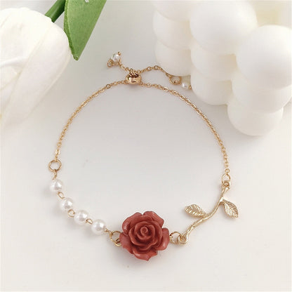 Red Resin and Pearl Rose Charm Adjustable Bracelet, bracelet for women, elegant gift for her, front view