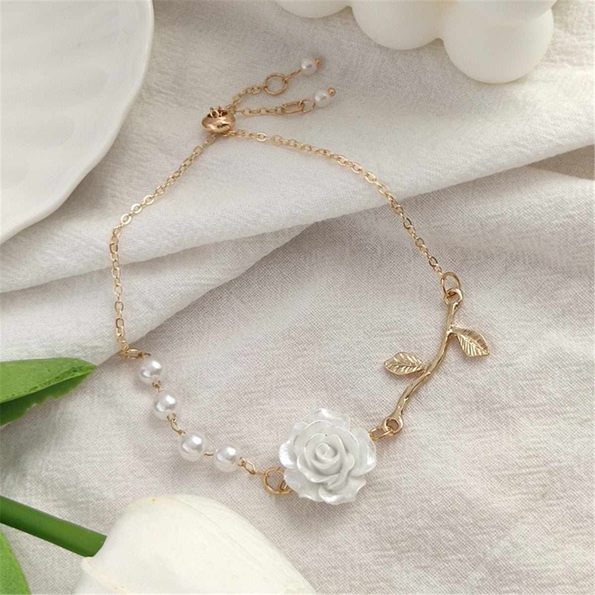 Pearl & White Resin 18K Gold-Plated Rose Strand Bracelet