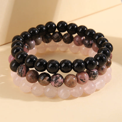 Black Quartz Beaded Stretch Bracelet Set, jewelry gift sets for women, elegant gift for her, front view