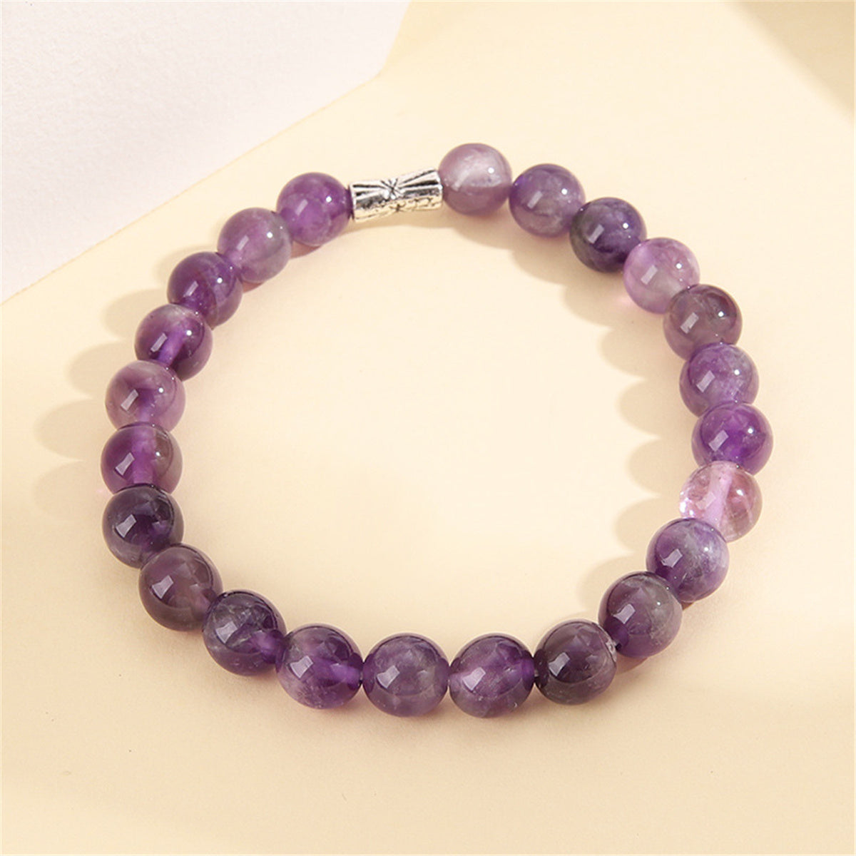 Purple Quartz & Silver-Plated Beaded Stretch Bracelet