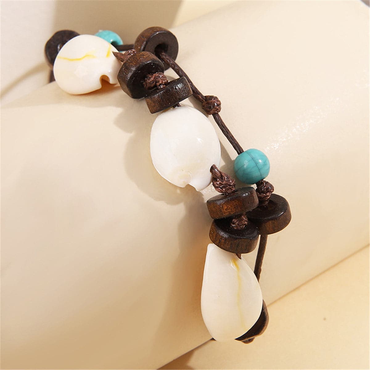 Turquoise and Conch Shell Layered Bracelet, bracelet for women, dainty minimalist design, front view