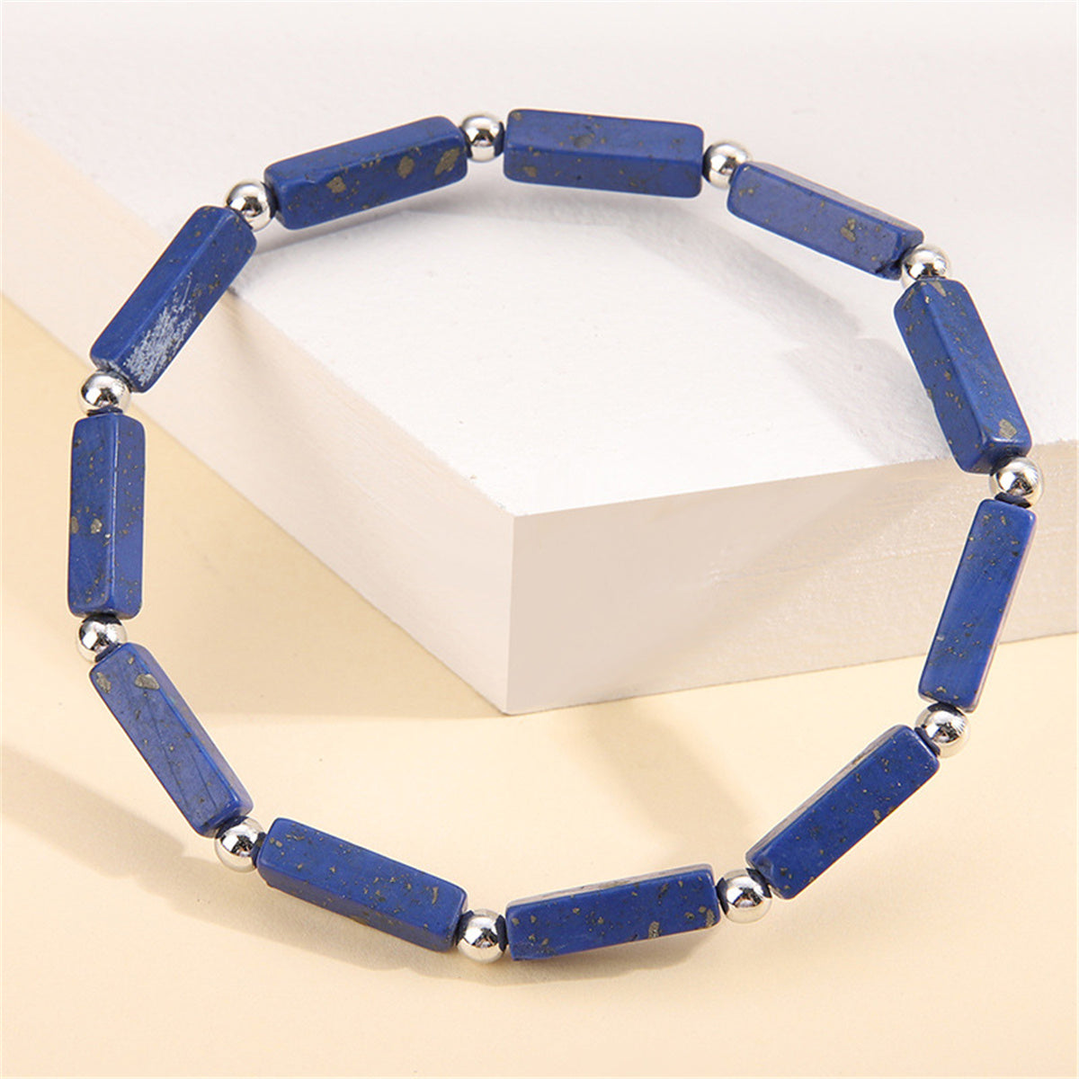 Dark Blue Howlite & Silver-Plated Square Stretch Bracelet
