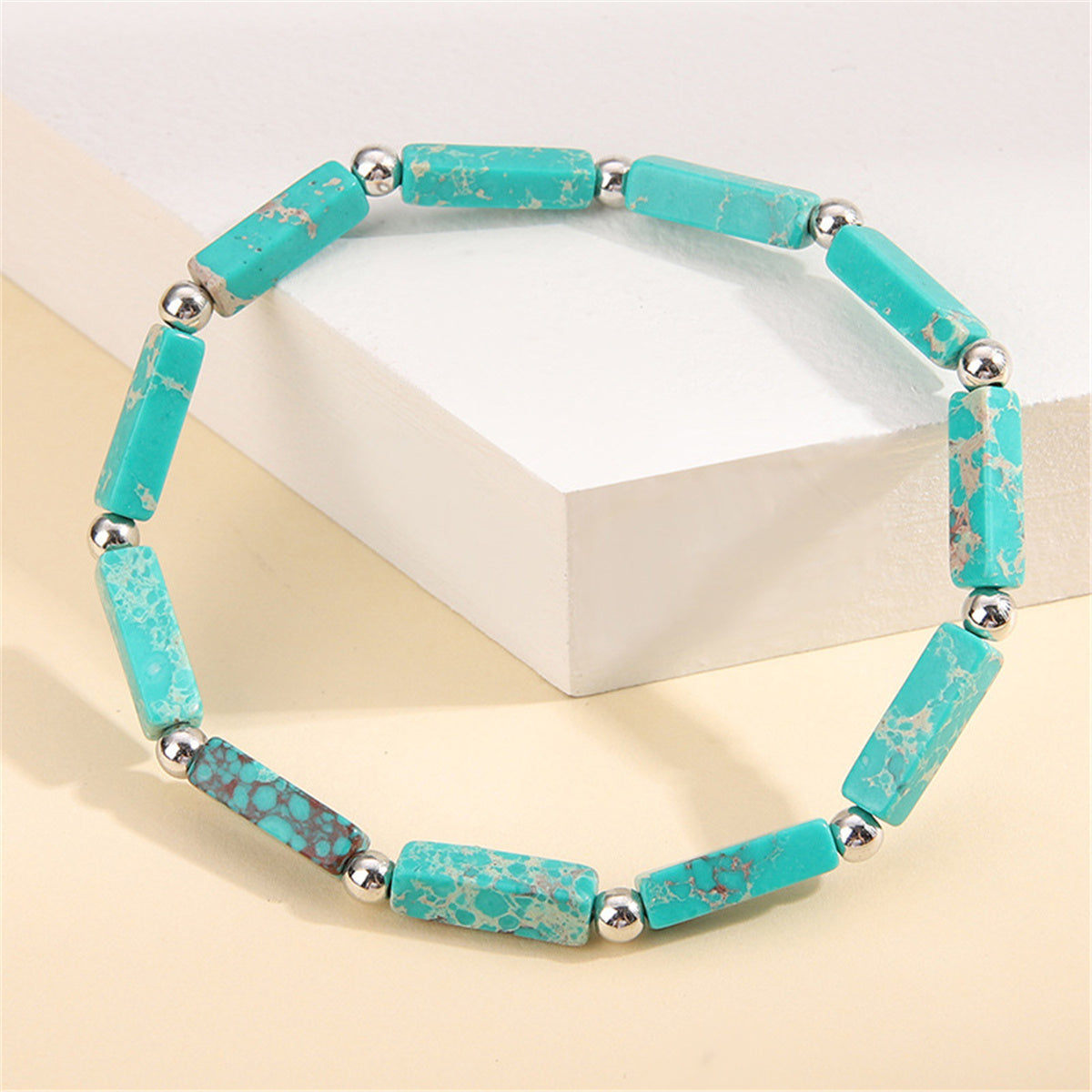 Light Blue Howlite & Silver-Plated Square Stretch Bracelet