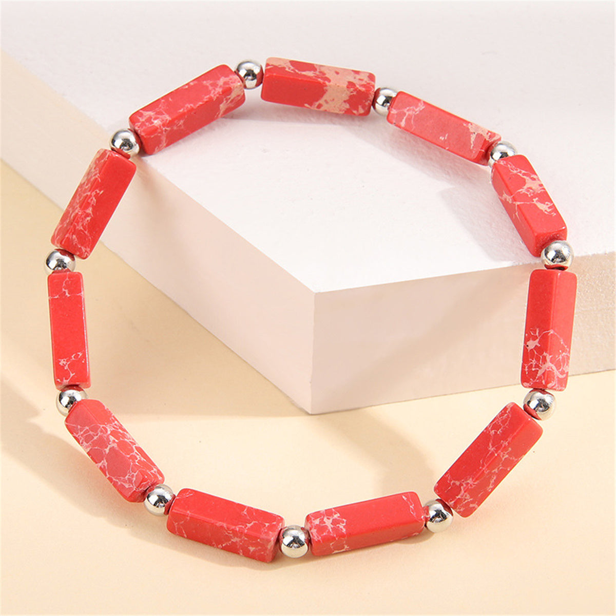 Red Howlite & Silver-Plated Square Stretch Bracelet