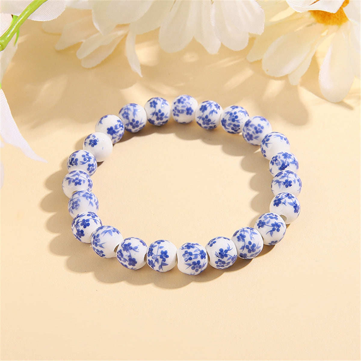 Blue and Ceramic Ridge Orchid Beaded Stretch Bracelet, bracelet for women, everyday style, front view