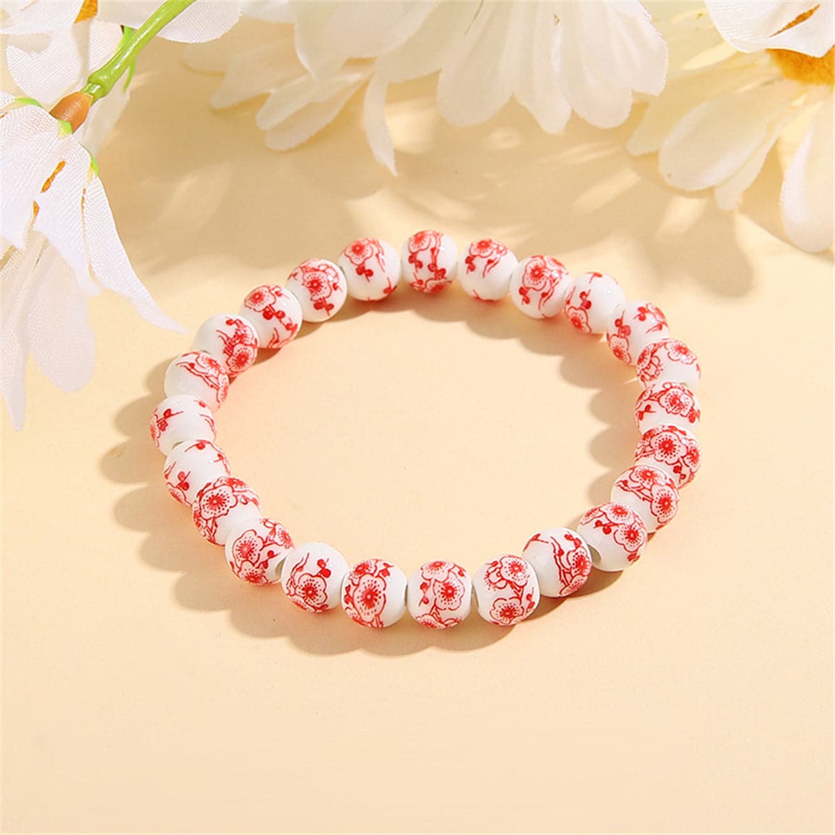 Red and Ceramic Plum Blossom Beaded Stretch Bracelet, bracelet for women, elegant gift for her, front view