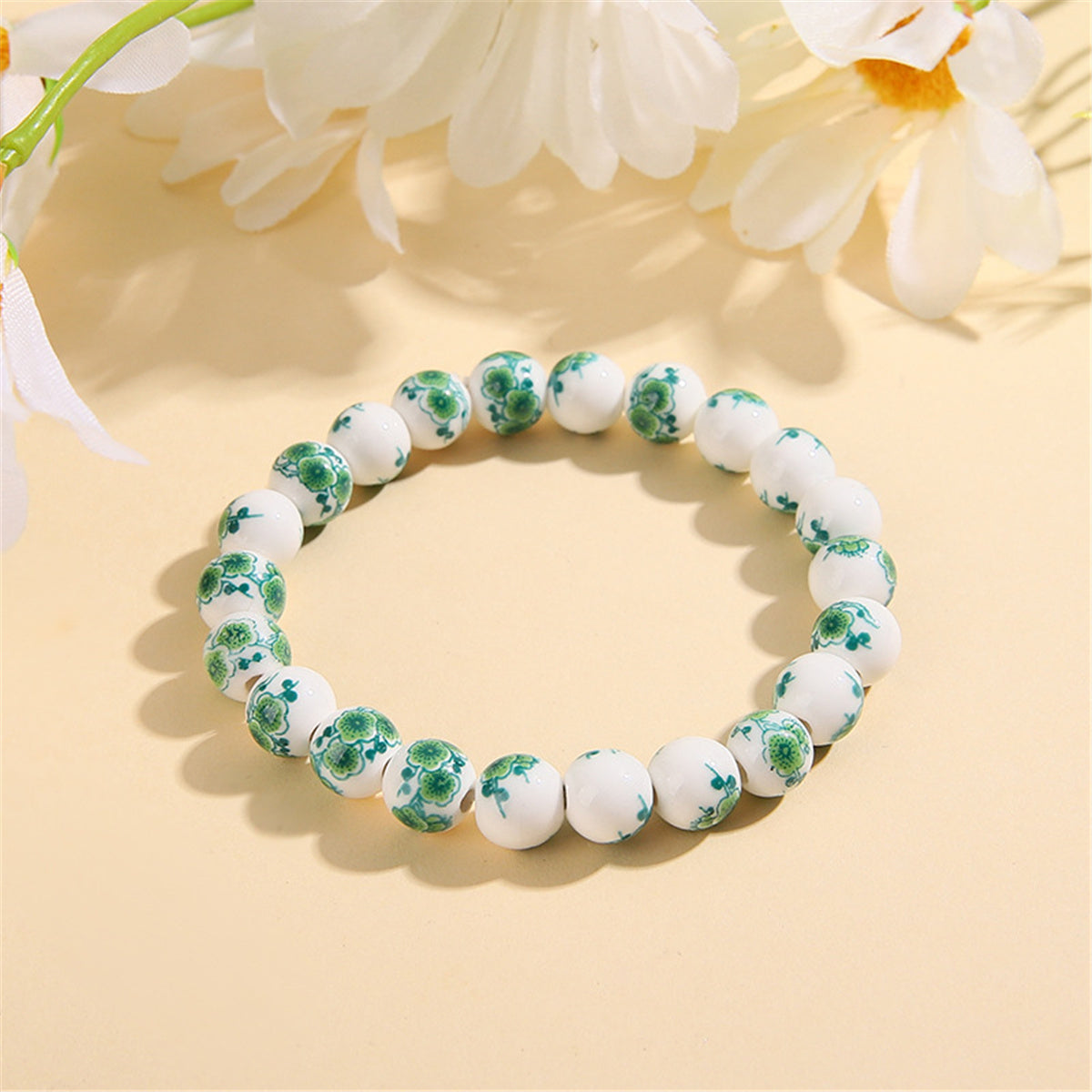White & Green Floral Beaded Stretch Bracelet