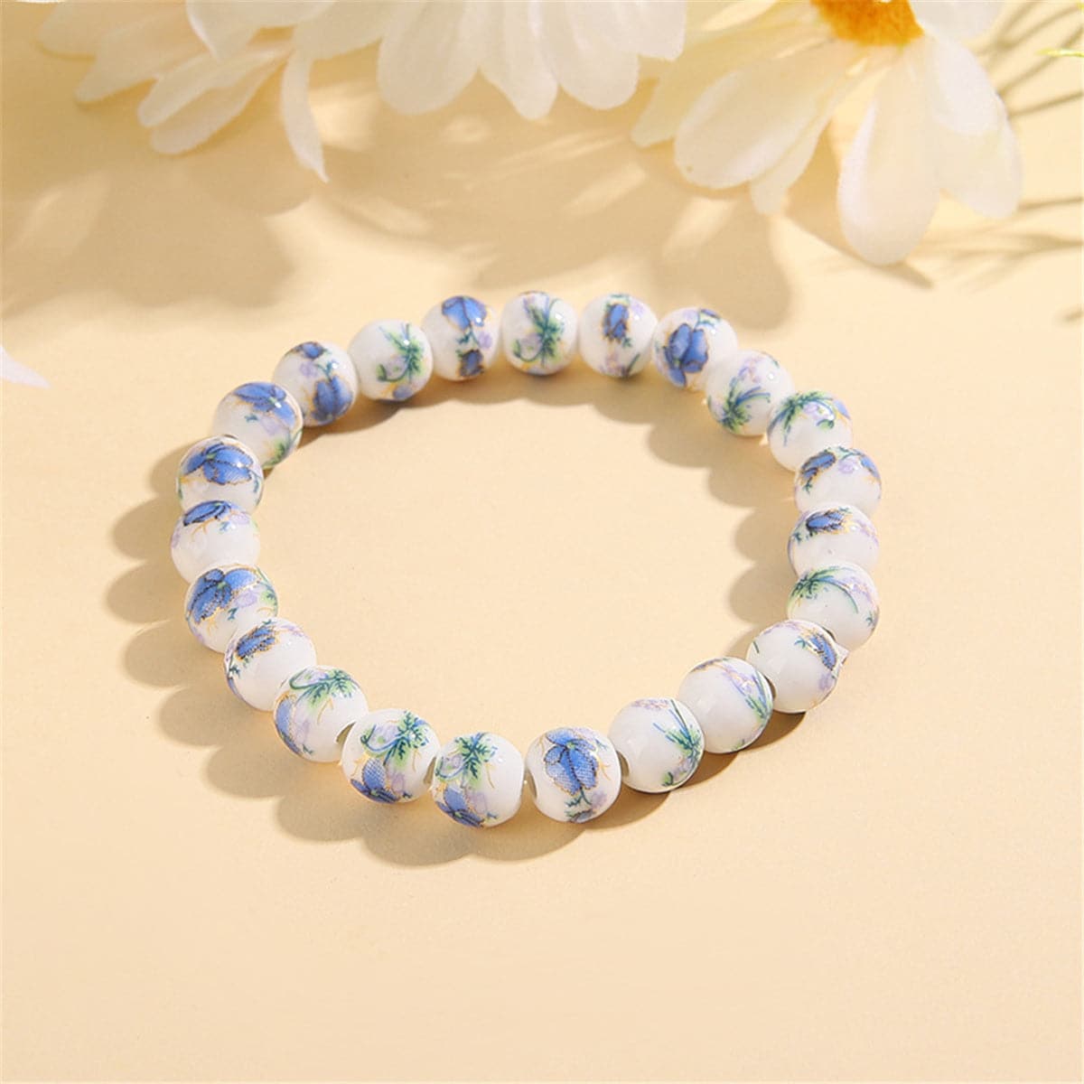 Light Blue & White Plum Blossom Stretch Beaded Bracelet