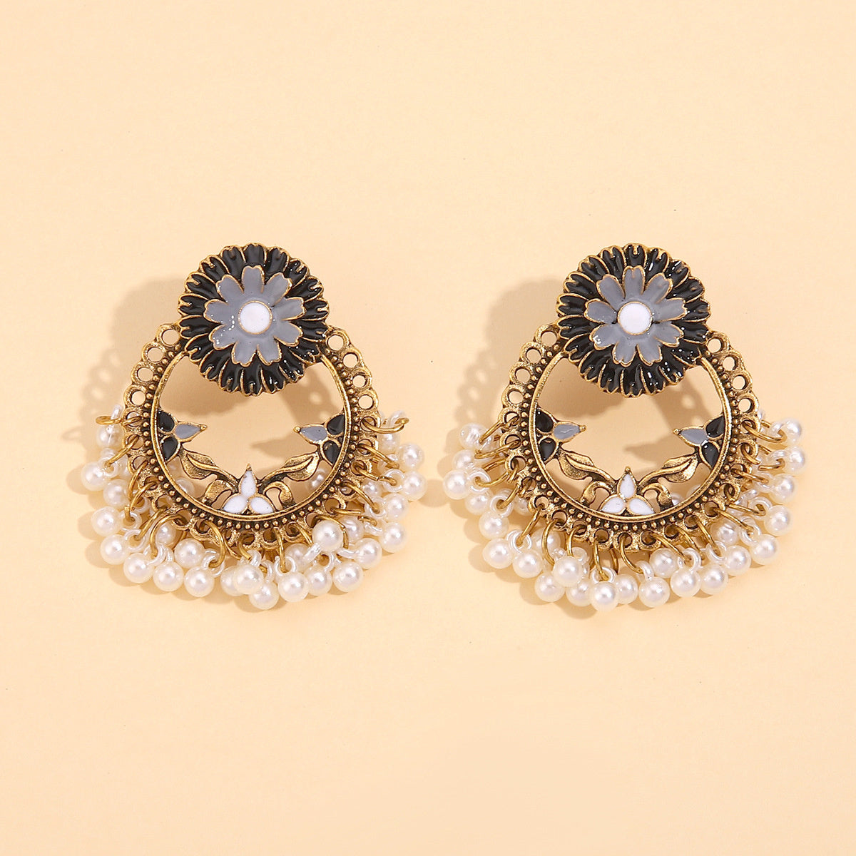 Black Enamel and Pearl 18K Gold-Plated Floral Wreath Drop Earrings, gold drop earrings for women, front view