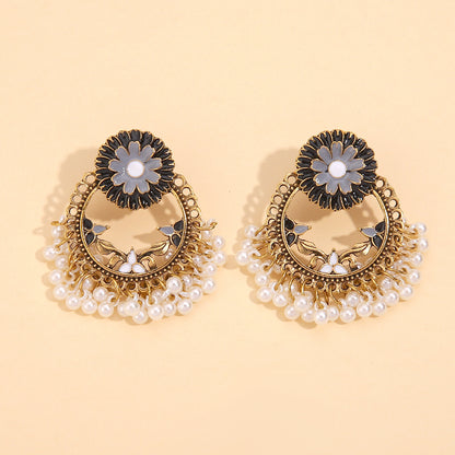 Black Enamel and Pearl 18K Gold-Plated Floral Wreath Drop Earrings, gold drop earrings for women, front view
