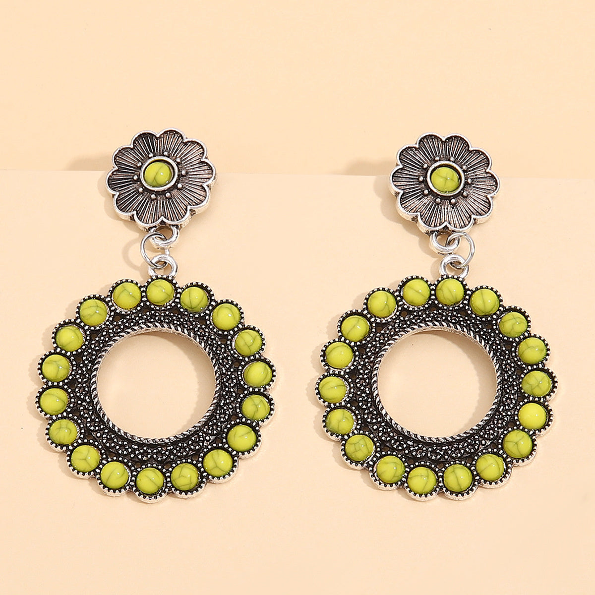 Yellow Turquoise and Silver-Plated Flower Drop Earrings, silver drop earrings for women, dainty minimalist design, front view
