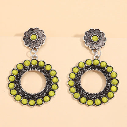 Yellow Turquoise and Silver-Plated Flower Drop Earrings, silver drop earrings for women, dainty minimalist design, front view