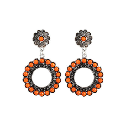 Red Turquoise and Silver-Plated Flower Drop Earrings, silver drop earrings for women, botanical inspired, detail close-up