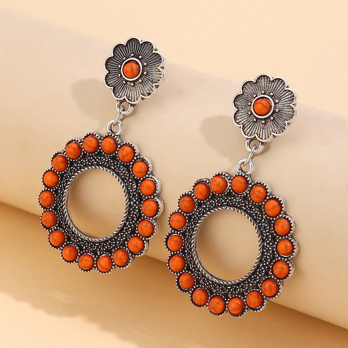 Red Turquoise and Silver-Plated Flower Drop Earrings, silver drop earrings for women, botanical inspired, front view