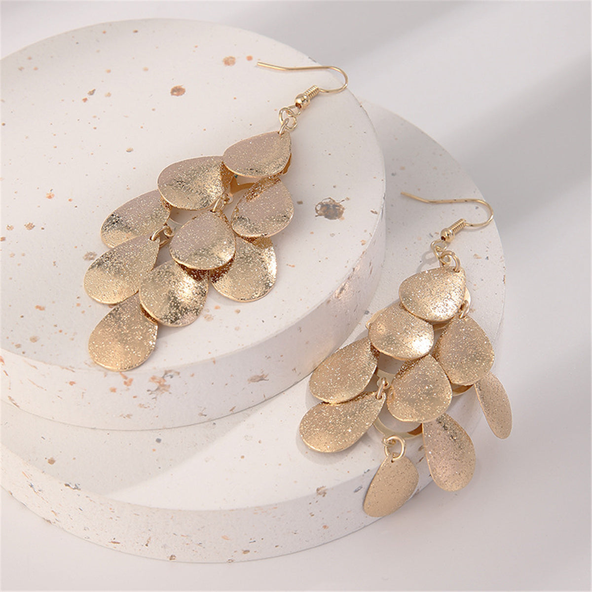 18K Gold-Plated Petal Cluster Drop Earrings, gold drop earrings for women, botanical inspired, detail close-up