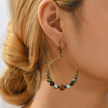 Wood and Acrylic 18K Gold-Plated Beaded Hoop Earrings, gold drop earrings for women, vintage-inspired design, front view