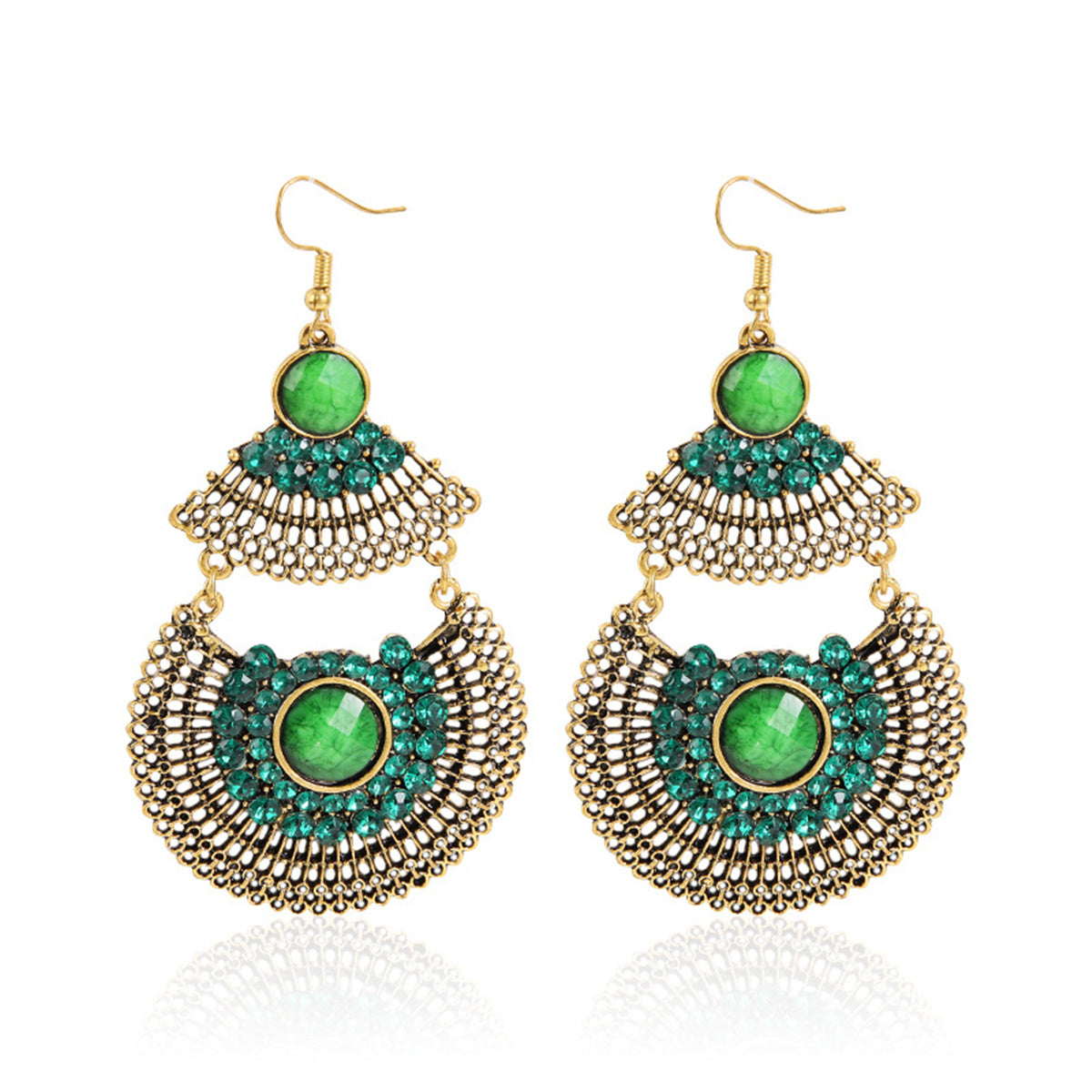 Green Cubic Zirconia and Quartz Patchwork Fan Drop Earrings, drop earrings for women, botanical inspired, side view