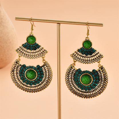 Green Cubic Zirconia and Quartz Patchwork Fan Drop Earrings, drop earrings for women, botanical inspired, detail close-up
