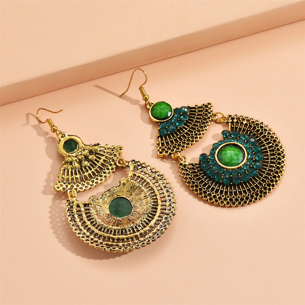 Green Cubic Zirconia and Quartz Patchwork Fan Drop Earrings, drop earrings for women, botanical inspired, lifestyle look
