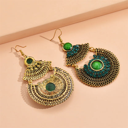 Green Cubic Zirconia and Quartz Patchwork Fan Drop Earrings, drop earrings for women, botanical inspired, lifestyle look
