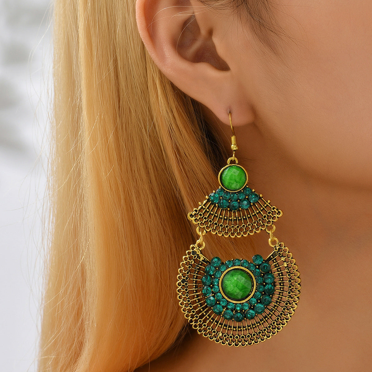 Green Cubic Zirconia and Quartz Patchwork Fan Drop Earrings, drop earrings for women, botanical inspired, front view