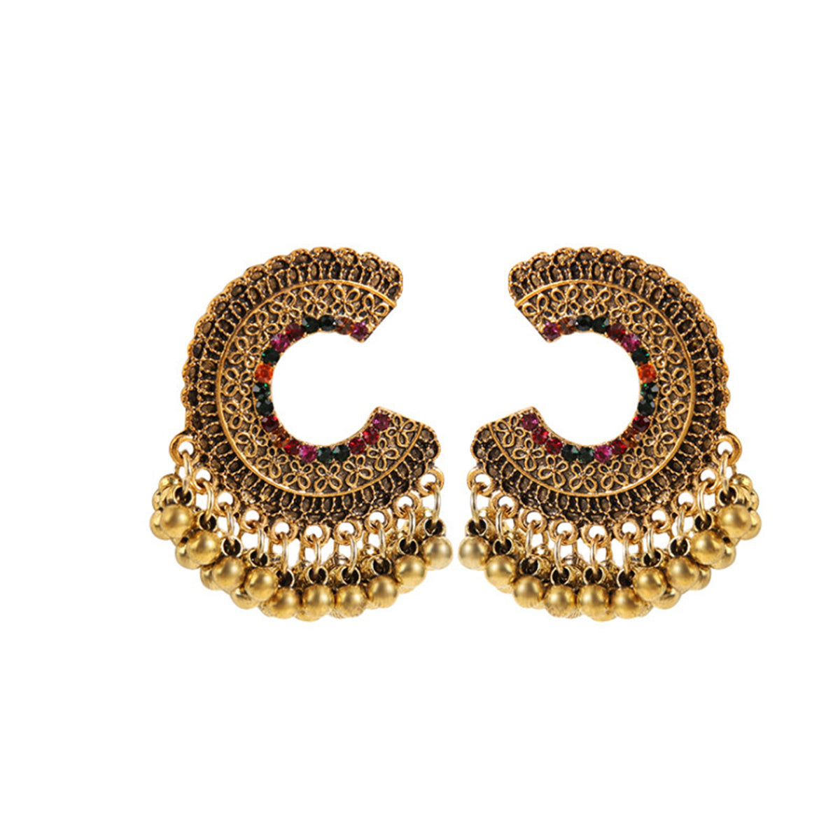 Colored Cubic Zirconia & 18K Gold-Plated C-Shape Bead Tassel Drop Earrings