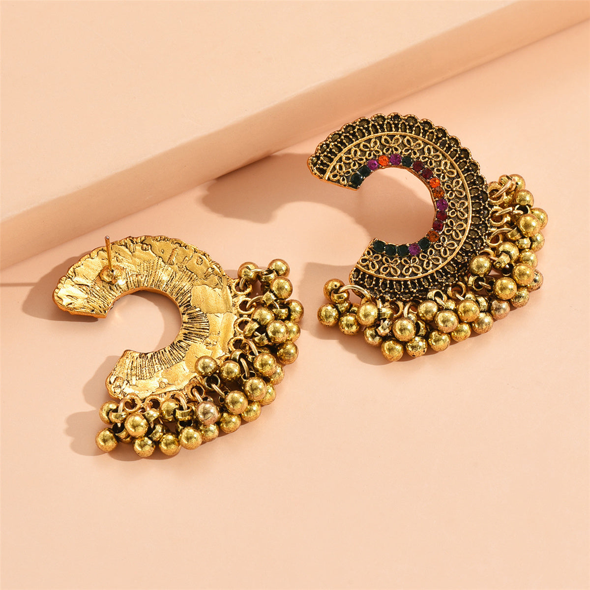 Colored Cubic Zirconia & 18K Gold-Plated C-Shape Bead Tassel Drop Earrings