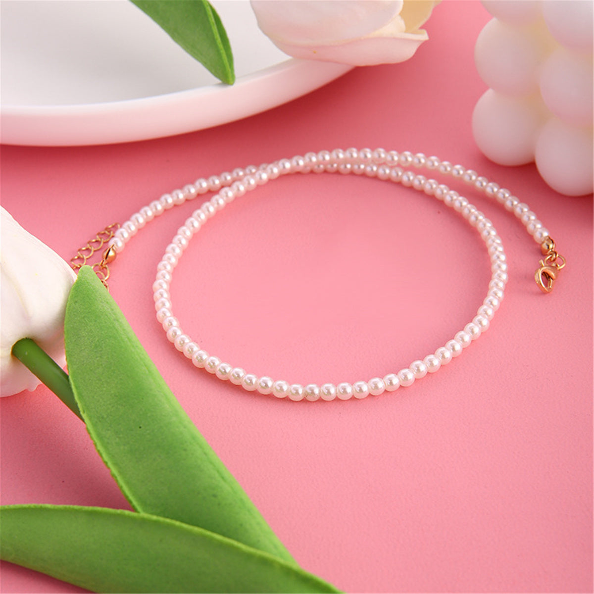Pearl and 18K Gold-Plated Choker Necklace, gold pendant necklace for women, elegant gift for her, side view