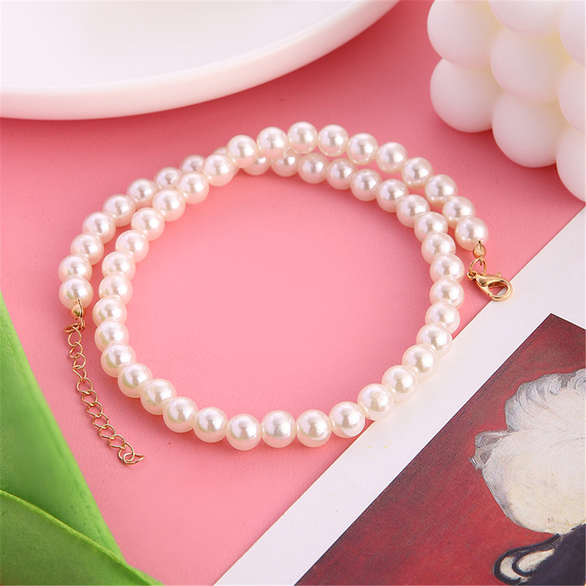 Pearl and 18K Gold-Plated 8MM Choker Necklace, gold pendant necklace for women, elegant gift for her, side view