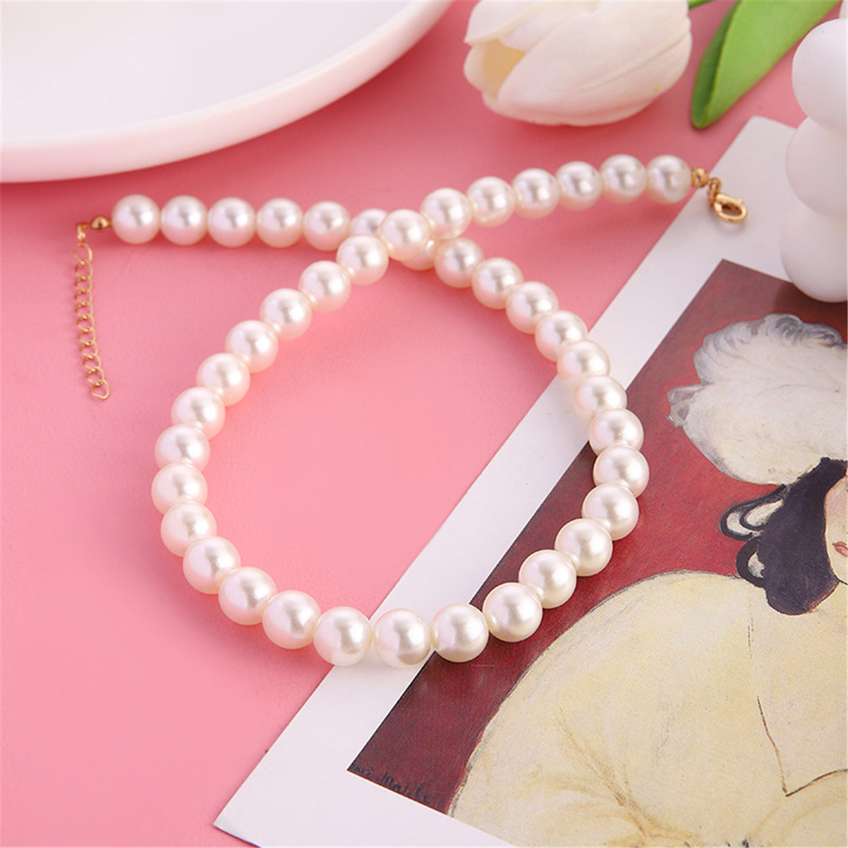 Pearl and 18K Gold-Plated 10MM Choker Necklace, gold pendant necklace for women, vintage-inspired design, side view
