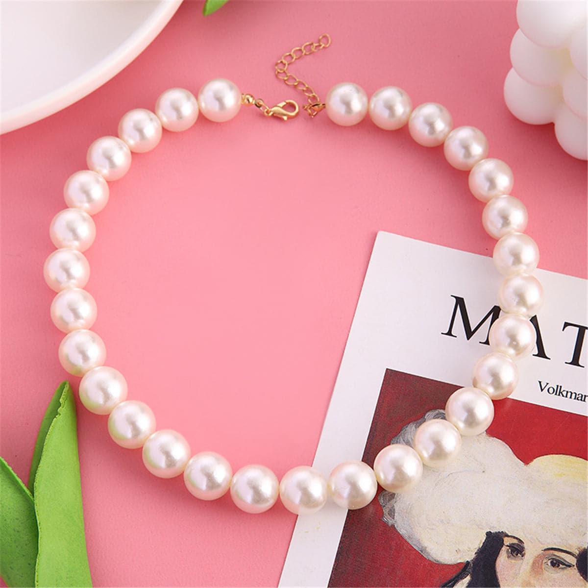 Pearl and 18K Gold-Plated 14MM Choker Necklace, gold pendant necklace for women, dainty minimalist design, side view