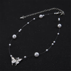 Pearl & Nylon Butterfly Illusion Pendant Necklace