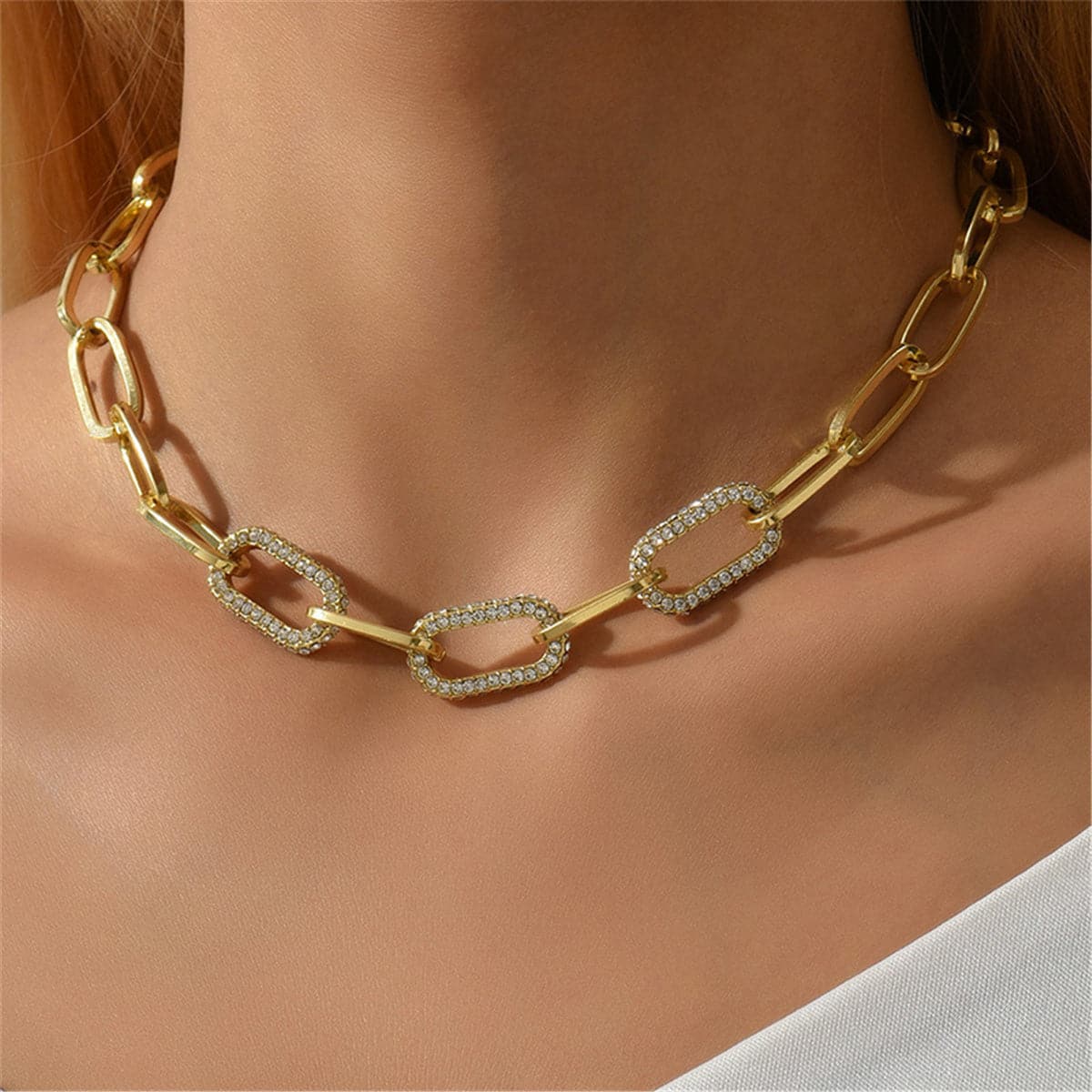 Cubic Zirconia and 18K Gold-Plated Cable Chain Choker Necklace, gold pendant necklace for women, front view