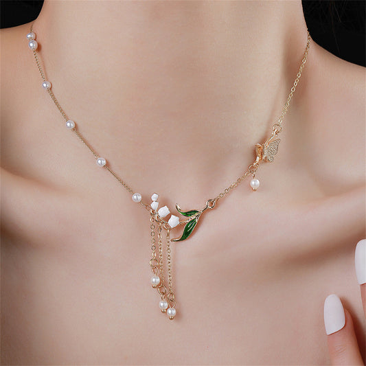 Pearl and Enamel 18K Gold-Plated Flowers Pendant Necklace, gold pendant necklace for women, front view