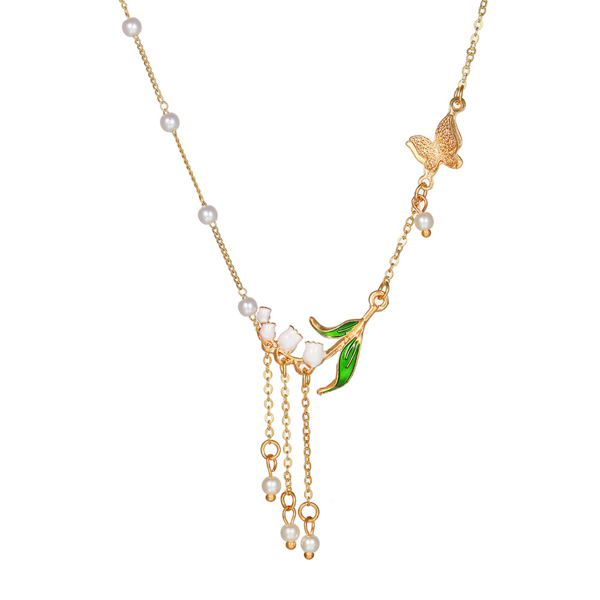 Pearl and Enamel 18K Gold-Plated Flowers Pendant Necklace, gold pendant necklace for women, side view