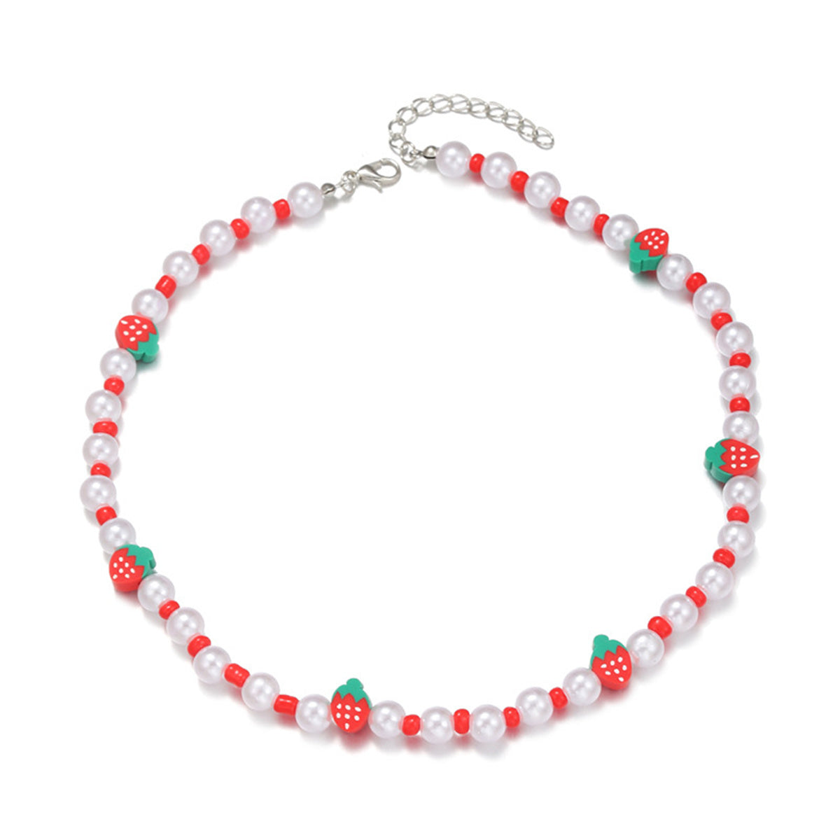 Red Howlite and Pearl Polymer Clay Strawberry Choker Necklace, pendant necklace for women, detail close-up