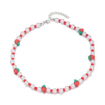 Red Howlite and Pearl Polymer Clay Strawberry Choker Necklace, pendant necklace for women, detail close-up