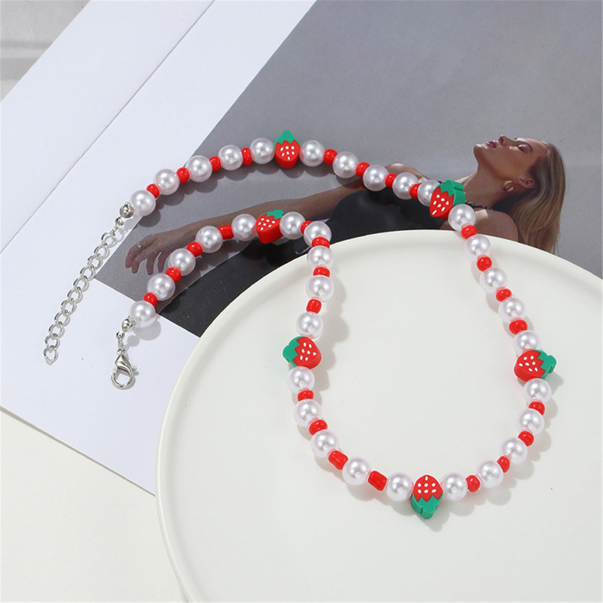 Red Howlite and Pearl Polymer Clay Strawberry Choker Necklace, pendant necklace for women, side view