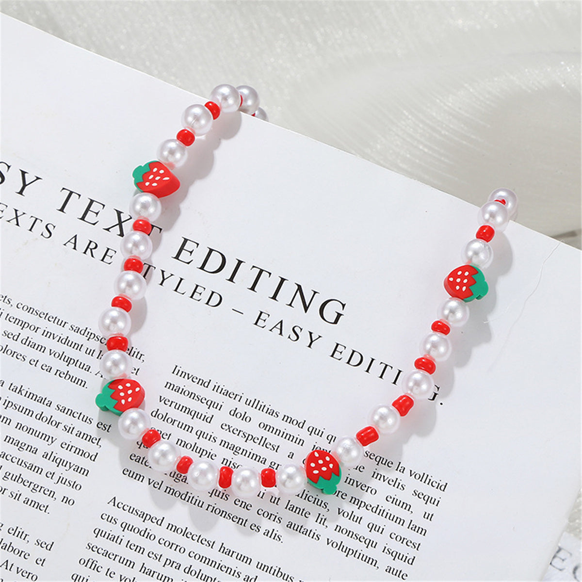 Red Howlite and Pearl Polymer Clay Strawberry Choker Necklace, pendant necklace for women, lifestyle look