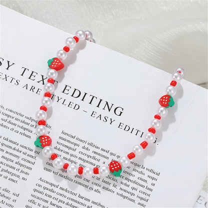 Red Howlite and Pearl Polymer Clay Strawberry Choker Necklace, pendant necklace for women, lifestyle look
