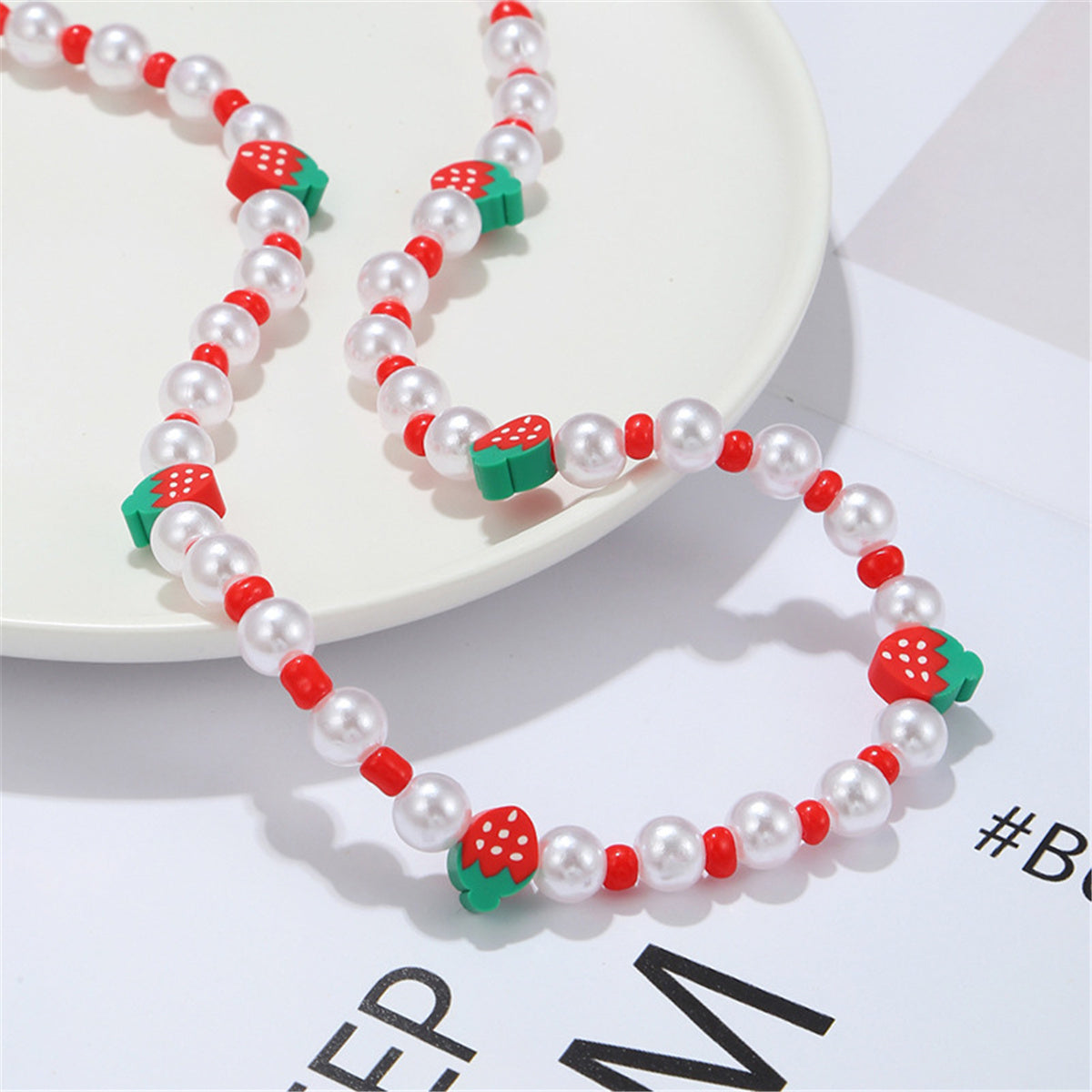 Red Howlite and Pearl Polymer Clay Strawberry Choker Necklace, pendant necklace for women, front view