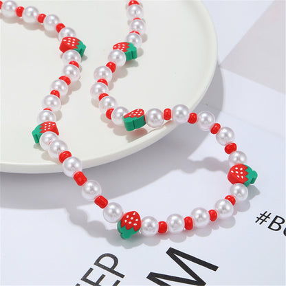 Red Howlite and Pearl Polymer Clay Strawberry Choker Necklace, pendant necklace for women, front view